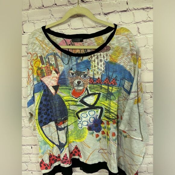 Inoah Lightweight 3/4 Sleeve Knit Scoop Burnout Neck Art to Wear Print Top M - Picture 1 of 12